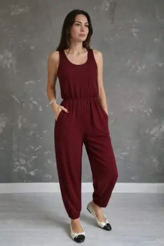 Kadın Askılı Yuvarlak Yakalı Cepli Viskon Tulum - 3