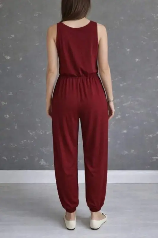 Kadın Askılı Yuvarlak Yakalı Cepli Viskon Tulum - 4