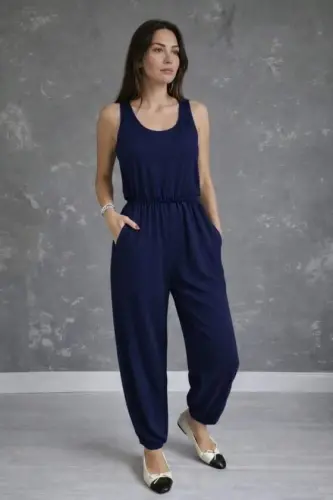 Kadın Askılı Yuvarlak Yakalı Cepli Viskon Tulum - BÜYÜKBEDENIZ (1)