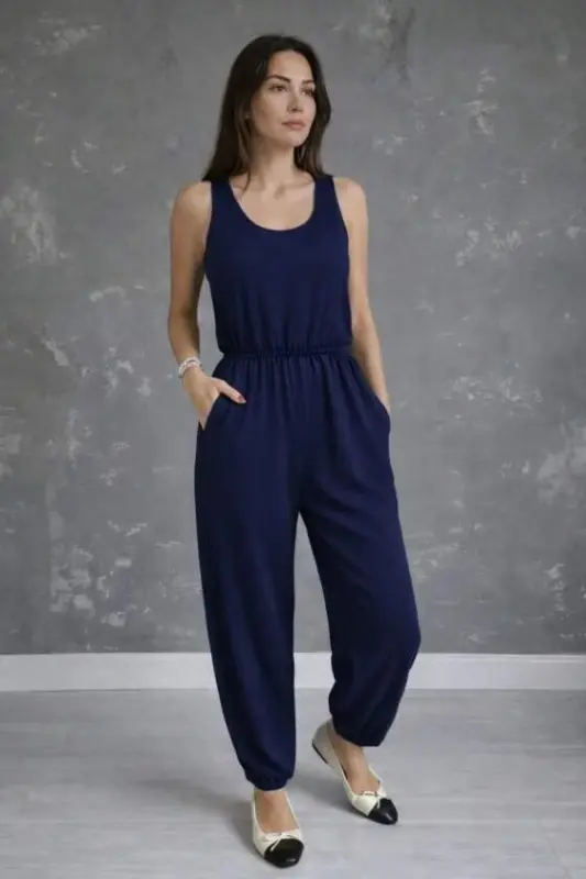 Kadın Askılı Yuvarlak Yakalı Cepli Viskon Tulum - 2