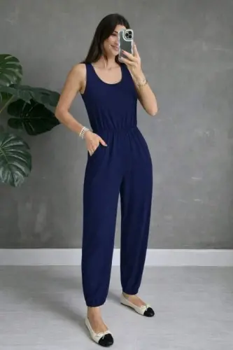 Kadın Askılı Yuvarlak Yakalı Cepli Viskon Tulum - 3