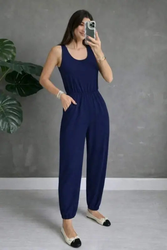 Kadın Askılı Yuvarlak Yakalı Cepli Viskon Tulum - 3