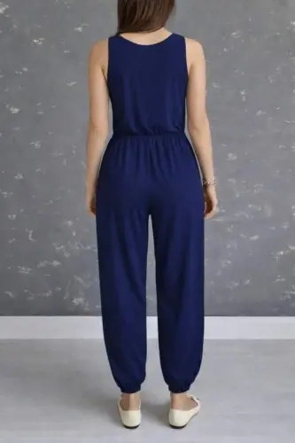 Kadın Askılı Yuvarlak Yakalı Cepli Viskon Tulum - 4