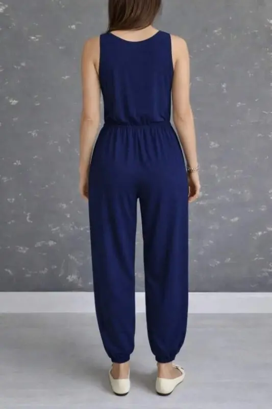 Kadın Askılı Yuvarlak Yakalı Cepli Viskon Tulum - 4