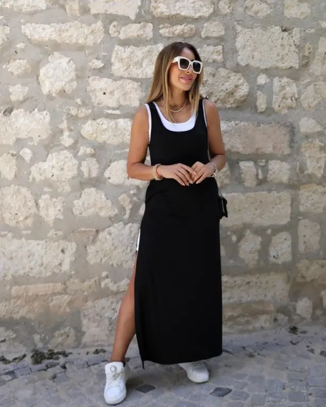 Kadın Askılı Yuvarlak Yakalı Cepli Yırtmaç Detaylı Viskon Elbise Ve Atlet Ikili Takım - BÜYÜKBEDENIZ