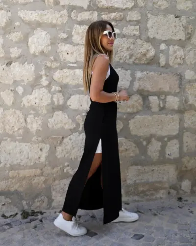 Kadın Askılı Yuvarlak Yakalı Cepli Yırtmaç Detaylı Viskon Elbise Ve Atlet Ikili Takım - 3