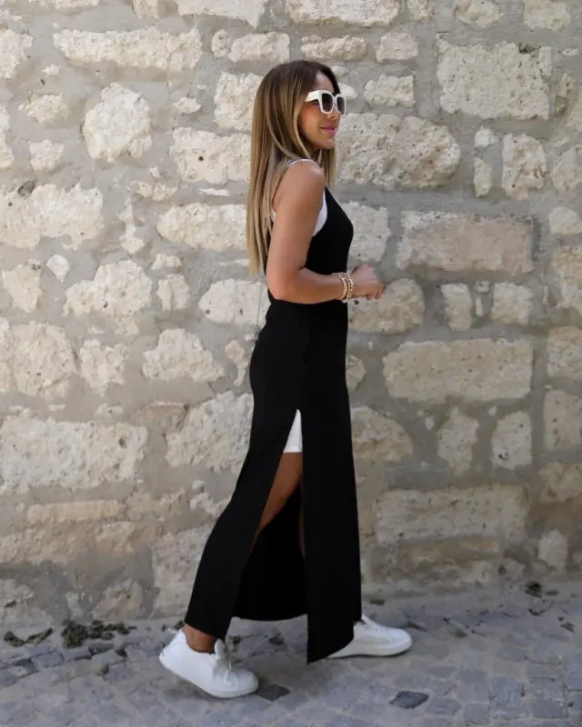 Kadın Askılı Yuvarlak Yakalı Cepli Yırtmaç Detaylı Viskon Elbise Ve Atlet Ikili Takım - 3