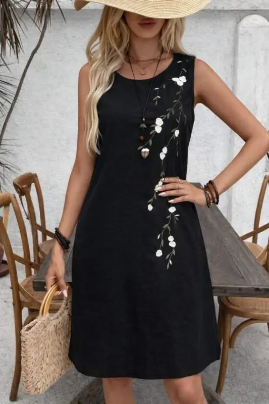 Kadın Askılı Yuvarlak Yakalı çiçek Desenli Kısa Elbise - BÜYÜKBEDENIZ