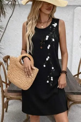 Kadın Askılı Yuvarlak Yakalı çiçek Desenli Kısa Elbise - 3