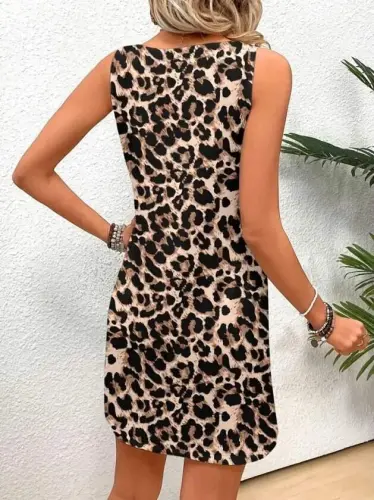 Kadın Askılı Yuvarlak Yakalı Kısa Leopar Desenli Süprem Elbise - 3
