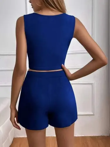 Kadın Askılı Yuvarlak Yakalı Krop Janjan Bluz Ve Shortlu Etek Ikili Takım - 3