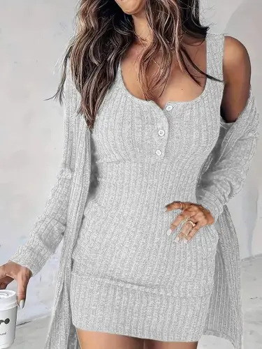 Kadın Askılı Yuvarlak Yakalı önü Düğmeli şardonlu Kaşkorse Mini Elbise Ve Kısa Ceket - 2