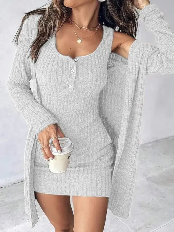 Kadın Askılı Yuvarlak Yakalı önü Düğmeli şardonlu Kaşkorse Mini Elbise Ve Kısa Ceket - BÜYÜKBEDENIZ