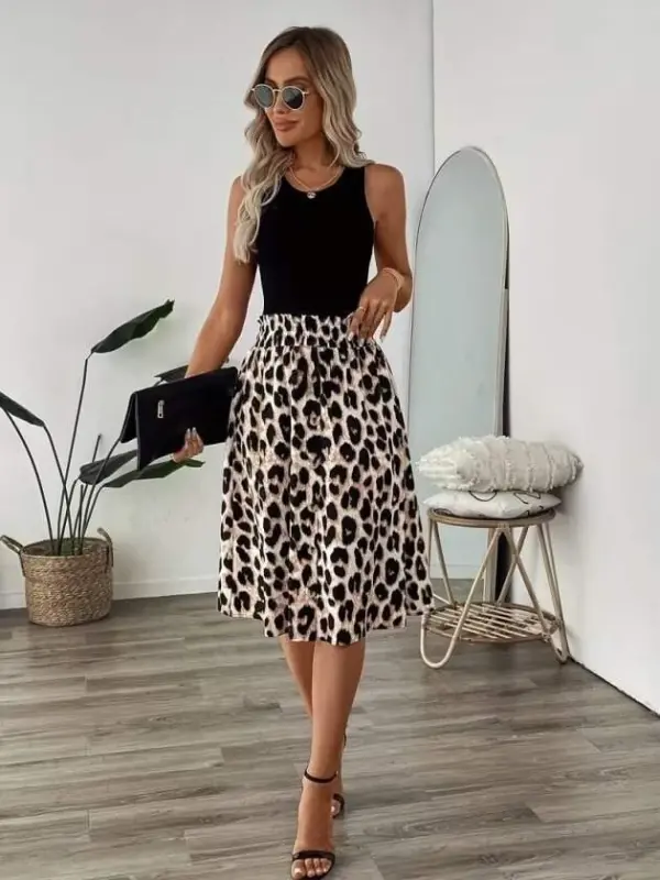 Kadın Askılı Yuvarlak Yakalı Viskon Bluz Ve Leopar Desenli önü Düğmeli Midi Etek Ikili Takım - 1
