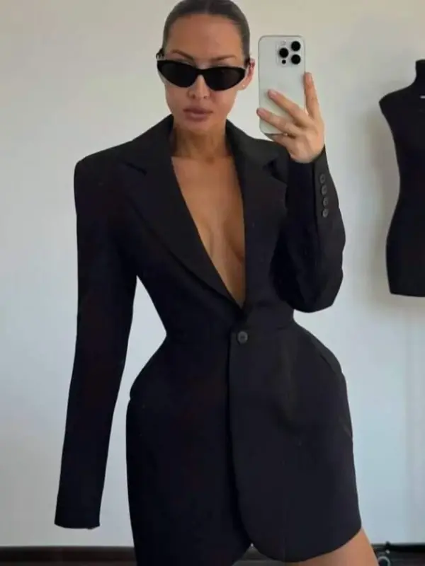 Kadın Atlas-dokuma Kumaş Ceket Elbise - 3