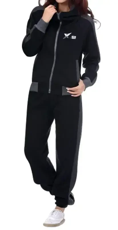 Women Athletic Full Zip Fleece Jogging Tracksuit Activewear Hooded Sweatsuit Top Black L- - 2