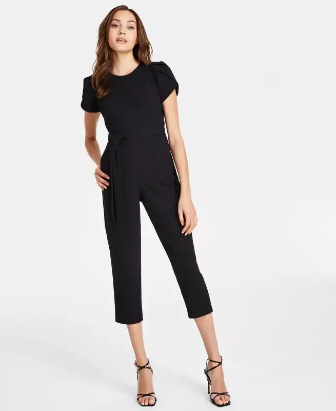 Women's Tie-Waist Tulip-Sleeve Jumpsuit-Black - CALVIN KLEIN