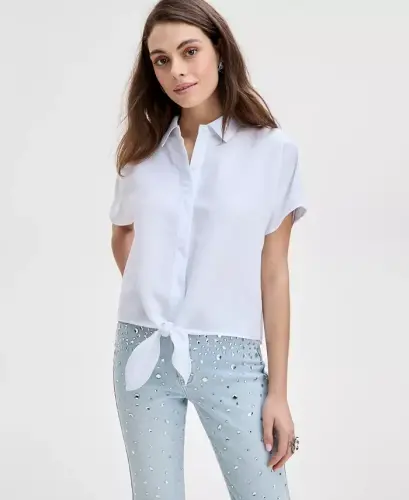Women's Linen-Blend Tie-Front Blouse, Exclusively at Modazone - Bright White 