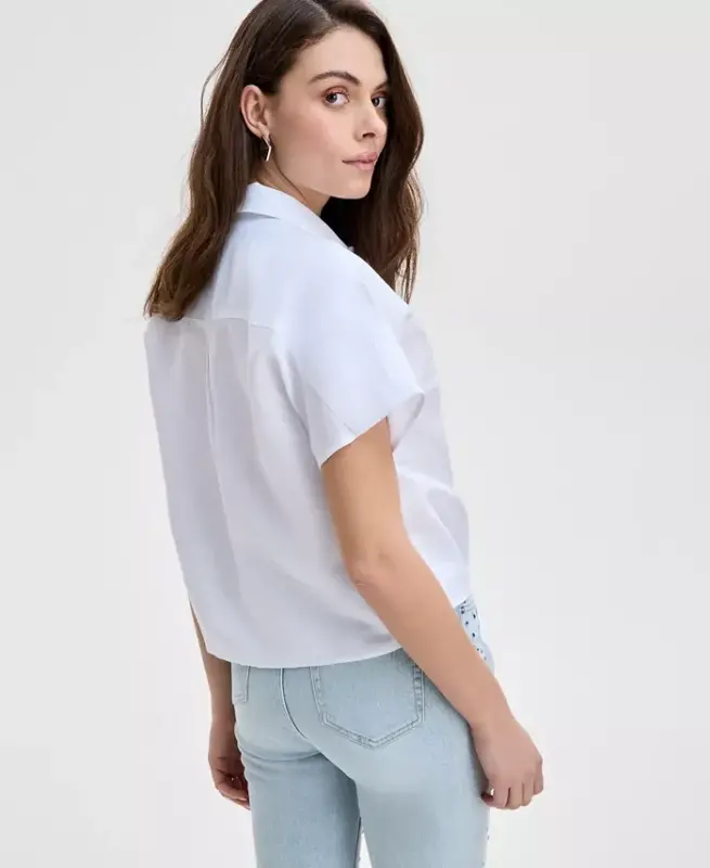 Women's Linen-Blend Tie-Front Blouse, Exclusively at Modazone - Bright White - 2