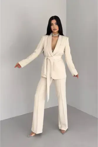 Kadın Bağlamalı Sahte Cepli Kemerli Şal Yaka Blazer Ceket Boru Paça Esnek Pantolon Takım Elbise-Bej - 3