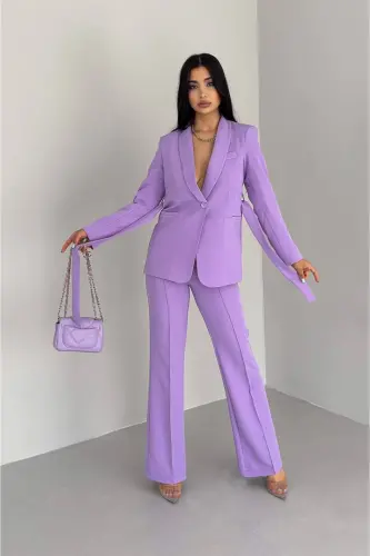 Kadın Bağlamalı Sahte Cepli Kemerli Şal Yaka Blazer Ceket Boru Paça Esnek Pantolon Takım Elbise - Lila - Bella Breeze (1)