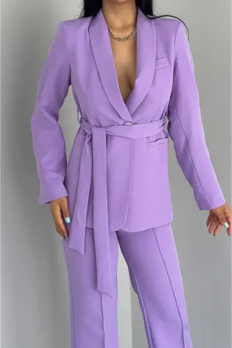 Kadın Bağlamalı Sahte Cepli Kemerli Şal Yaka Blazer Ceket Boru Paça Esnek Pantolon Takım Elbise - Lila - 5