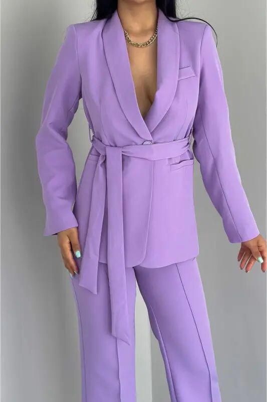 Kadın Bağlamalı Sahte Cepli Kemerli Şal Yaka Blazer Ceket Boru Paça Esnek Pantolon Takım Elbise - Lila - 5