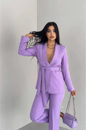 Kadın Bağlamalı Sahte Cepli Kemerli Şal Yaka Blazer Ceket Boru Paça Esnek Pantolon Takım Elbise - Lila - 6