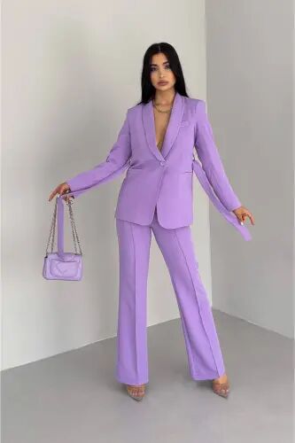 Kadın Bağlamalı Sahte Cepli Kemerli Şal Yaka Blazer Ceket Boru Paça Esnek Pantolon Takım Elbise - Lila - Bella Breeze (1)