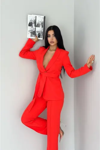 Kadın Bağlamalı Sahte Cepli Kemerli Şal Yaka Blazer Ceket Boru Paça Esnek Pantolon Takım Elbise - Oranj - 3