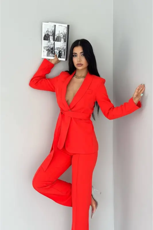 Kadın Bağlamalı Sahte Cepli Kemerli Şal Yaka Blazer Ceket Boru Paça Esnek Pantolon Takım Elbise - Oranj - 3