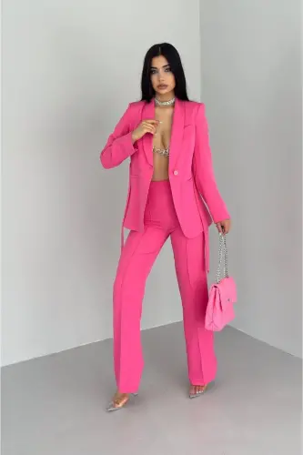Kadın Bağlamalı Sahte Cepli Kemerli Şal Yaka Blazer Ceket Boru Paça Esnek Pantolon Takım Elbise - Pembe - 4