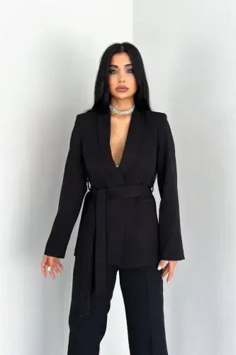 Kadın Bağlamalı Sahte Cepli Kemerli Şal Yaka Blazer Ceket Boru Paça Esnek Pantolon Takım Elbise-Siyah - 2