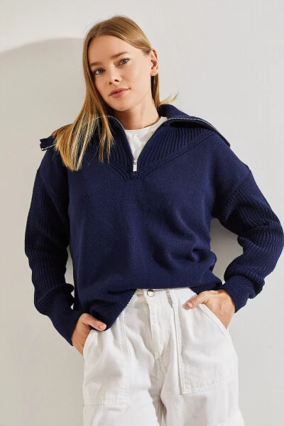 Kadın Balıkçı Yaka Fermuarlı Triko Kazak-Lacivert - BIANCO LUCCI (1)