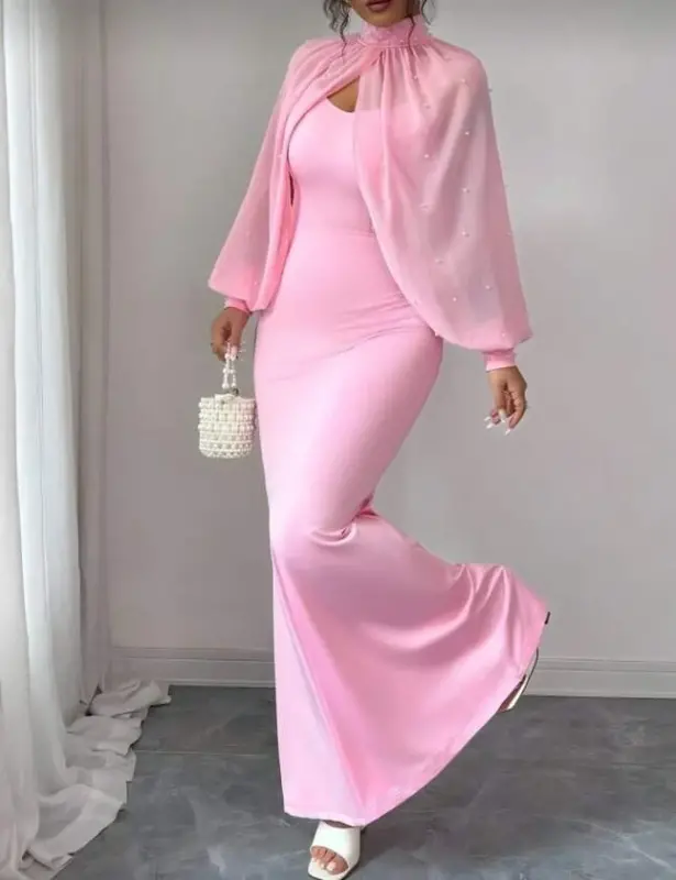 Kadın Balıkçı Yaka İnci Ve Tül Detay Dalgıç Kumaş Maxi Boy Elbise - BÜYÜKBEDENIZ