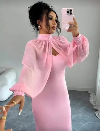 Kadın Balıkçı Yaka İnci Ve Tül Detay Dalgıç Kumaş Maxi Boy Elbise - 2