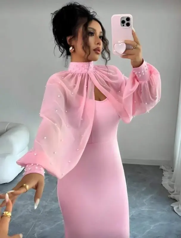 Kadın Balıkçı Yaka İnci Ve Tül Detay Dalgıç Kumaş Maxi Boy Elbise - 2