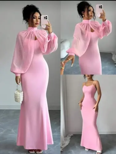 Kadın Balıkçı Yaka İnci Ve Tül Detay Dalgıç Kumaş Maxi Boy Elbise - 3