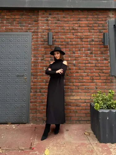 Kadın Balıkçı Yaka Omuzlardan Açık Uzun Kollu Janjan Krep Elbise - 2