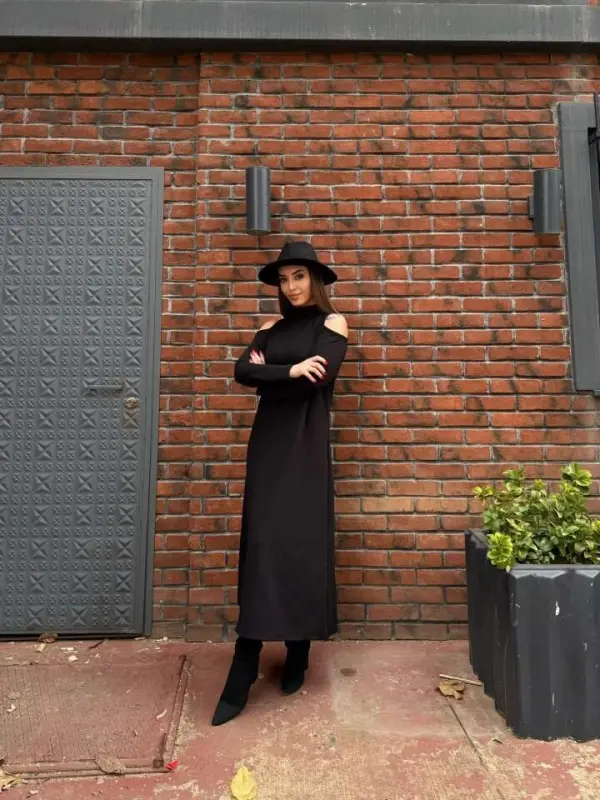 Kadın Balıkçı Yaka Omuzlardan Açık Uzun Kollu Janjan Krep Elbise - 2