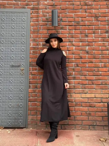 Kadın Balıkçı Yaka Omuzlardan Açık Uzun Kollu Janjan Krep Elbise - 3