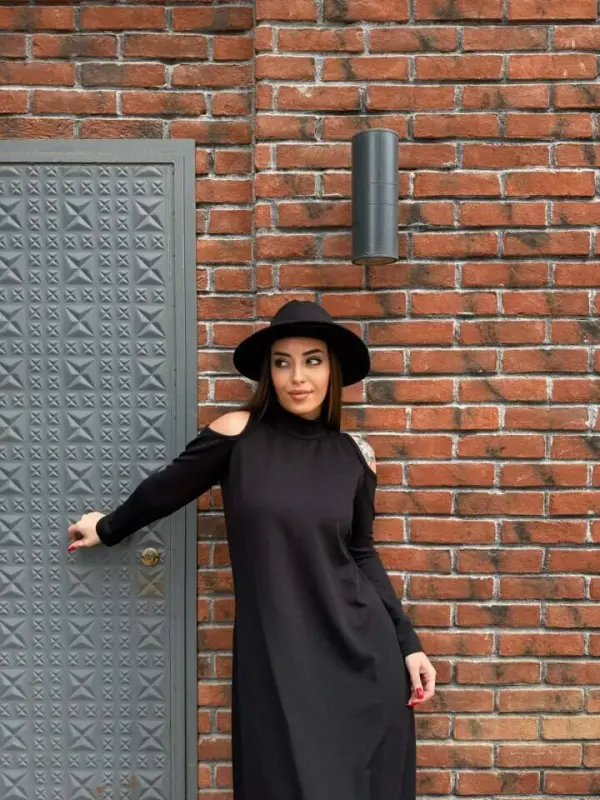 Kadın Balıkçı Yaka Omuzlardan Açık Uzun Kollu Janjan Krep Elbise - 4