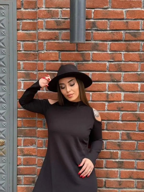 Kadın Balıkçı Yaka Omuzlardan Açık Uzun Kollu Janjan Krep Elbise - 5