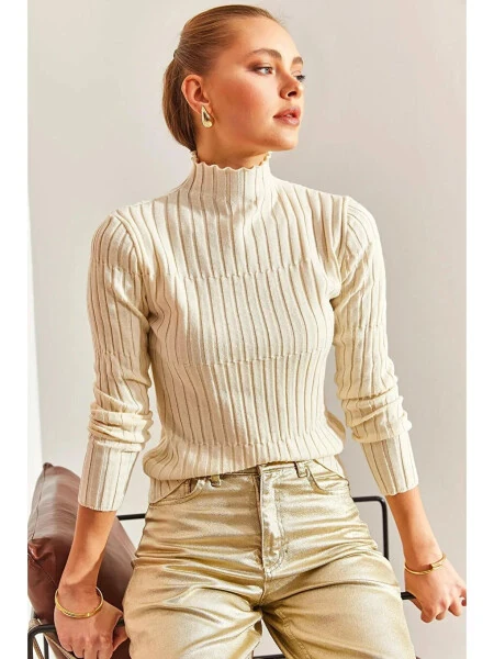 Kadın Balıkçı Yaka Parçalı Kazak-Ekru - Modazone