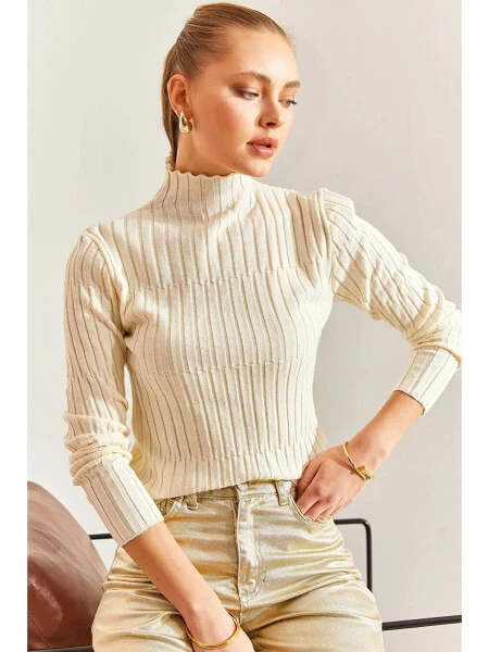 Kadın Balıkçı Yaka Parçalı Kazak-Ekru - Modazone (1)