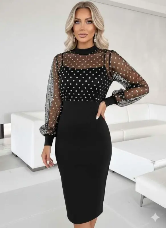 Kadın Balıkçı Yaka Puantiyeli Tül Detay Midi Boy Elbise - BÜYÜKBEDENIZ