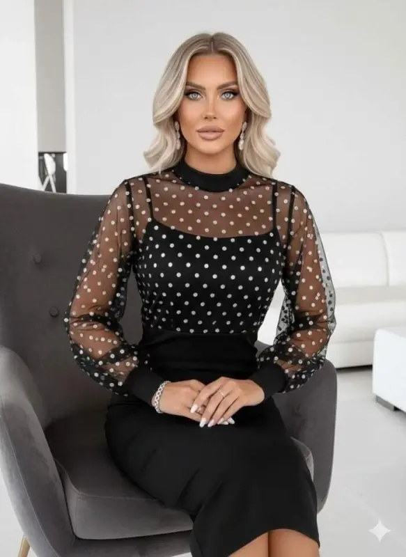 Kadın Balıkçı Yaka Puantiyeli Tül Detay Midi Boy Elbise - 3