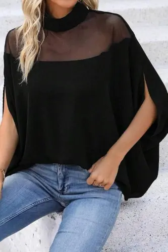 Kadın Balıkçı Yaka Tül Detaylı Yanlardan Açık Geniş Kesimli Sandy Bluz - 3