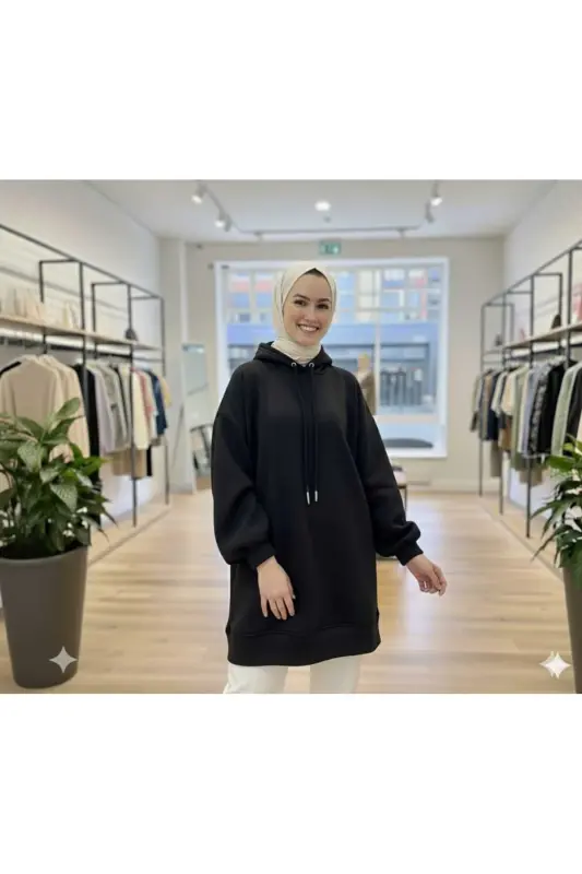 Kadın Balon Kol Üç İplik Şardonlu OVERSİZE Sweat - S.Siyah - 1
