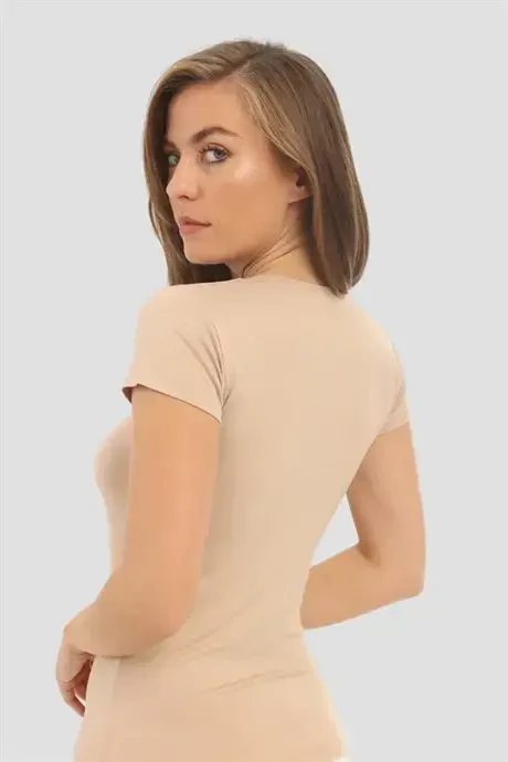 Kadın Bambu Tişört Ten Bisiklet Yaka Kısa Kollu Fanila - 3